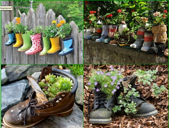 जूते और अन्य जूते से बना फूलों की छत के साथ अपनी बालकनी को सजाने के लिए सजावटी जूते सजावटी विचार