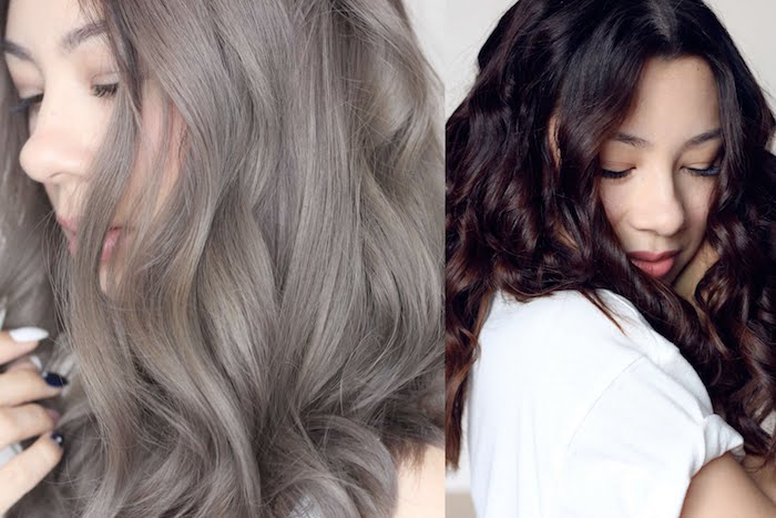亚洲女人与灰色的卷发，亚洲女人与黑褐色巧克力的头发颜色
