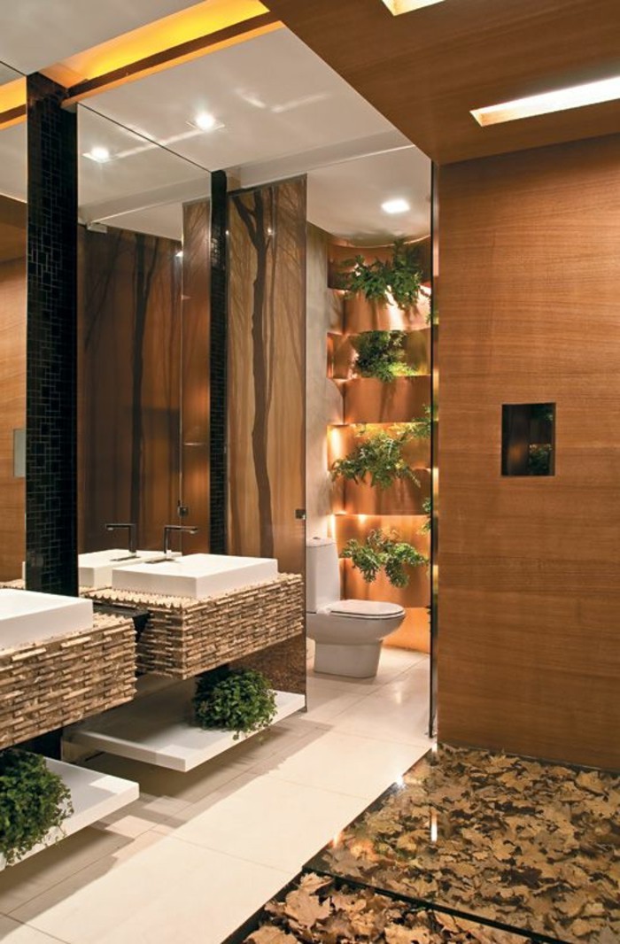 1-баня дизайн-идеи-мечтаят Бадер-баня-в-кафяво-с-естествен камък-и-много растения