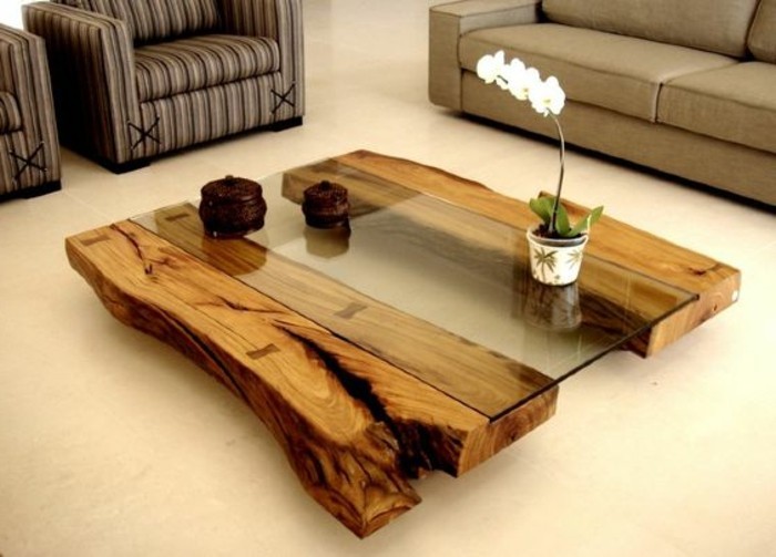 1-DIY רהיטים יצירתי-wohnideen-שולחן-של-עץ-זכוכית-אפור-ספה