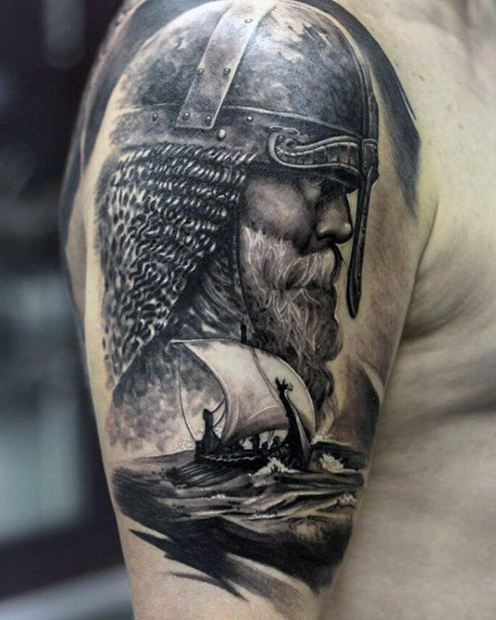 维京纹身，头，战斗机，维京人，头盔，船