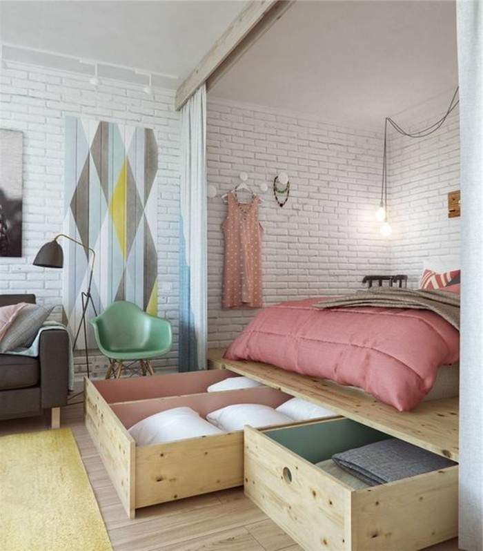 set-bračni krevet + krevet okvir kamena 10 četvornih metara spavaća soba zid laminat-žuti tepih-wanddeko-stehlampe
