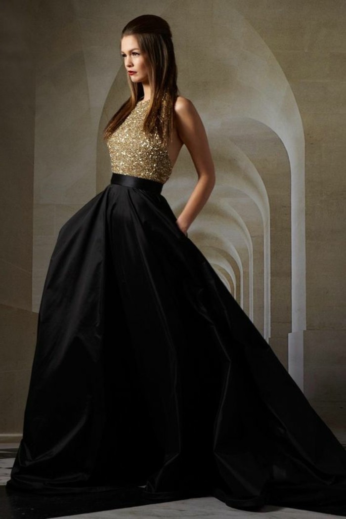 festtags μόδα βραδινό φόρεμα σε μαύρο-και-χρυσό-καφέ σκούρο-λεία-μαλλιά-γυναίκα