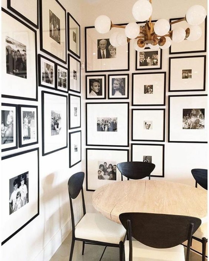 16-photo collage-vous-do-beaucoup-rétro photos de Holzerner-table-noir-chaises-lustre