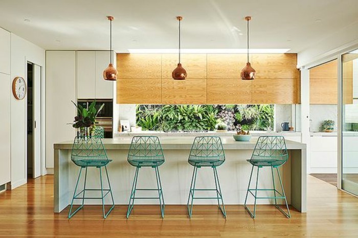 18 Keittiö koristella vihreä kasvi lamput ja sininen tuolit keittiö saaren maa-off puu