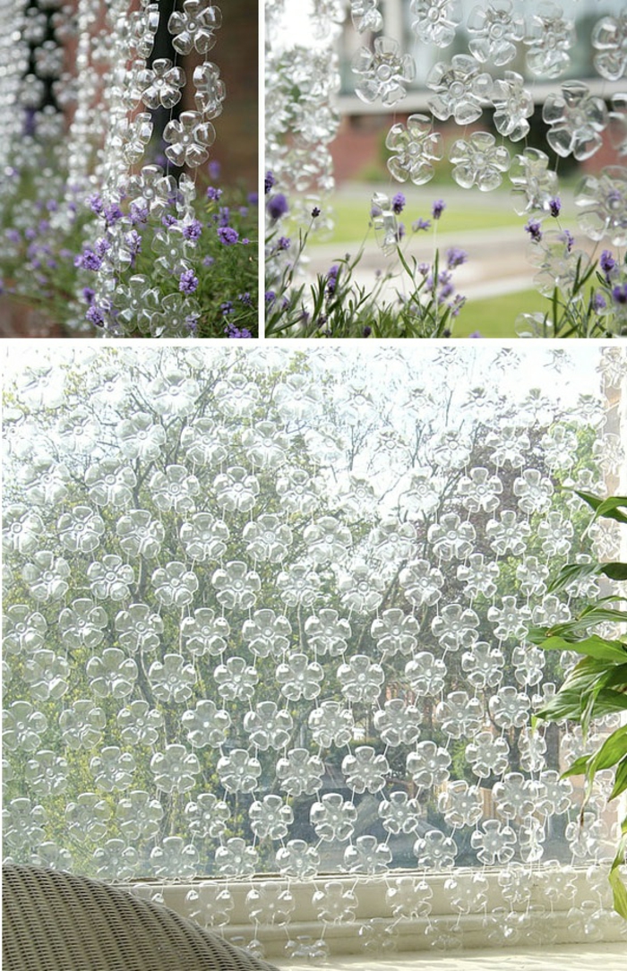käsityöt muovipulloilla, kukat, diy gardine lasista, ikkunan koristelu