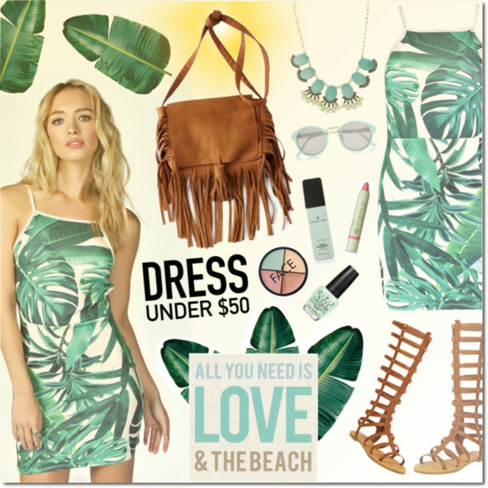 Señoras de la moda de playa, vestido con estampado de hojas verdes, sandalias romanas en marrón, bolso de terciopelo para mujer
