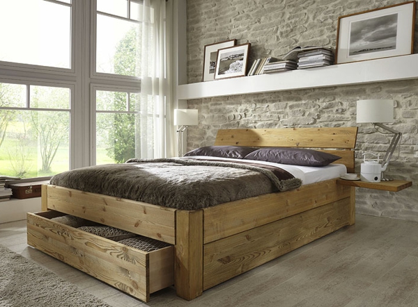 लकड़ी के बने-दो-रात के लैंप के साथ सुरुचिपूर्ण-डबल बेड