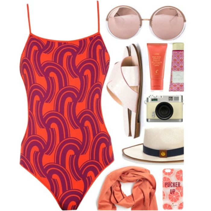 camiseta de traje de baño vintage, señoras de la moda de playa, traje de baño con estampado, gafas de sol redondas de color rosa, cosméticos