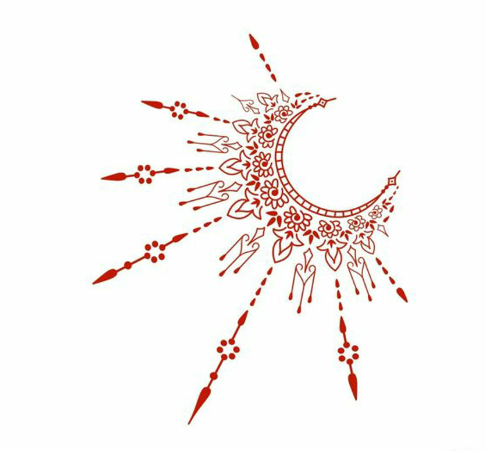Χτένι μοτίβο τατουάζ σε κόκκινο, μισό φεγγάρι, ηλιαχτίδες, κουκκίδες, μυτερά σχήματα, φυτικά μοτίβα