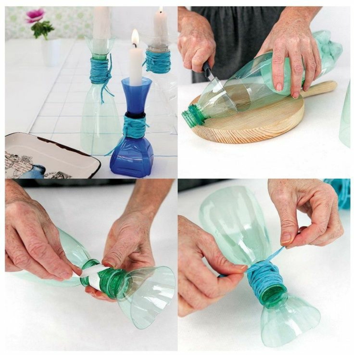 صياغة مع الزجاجات البلاستيكية ، وقطع زجاجة من البلاستيك ، مما يجعل الشمعدانات نفسك ، والشموع