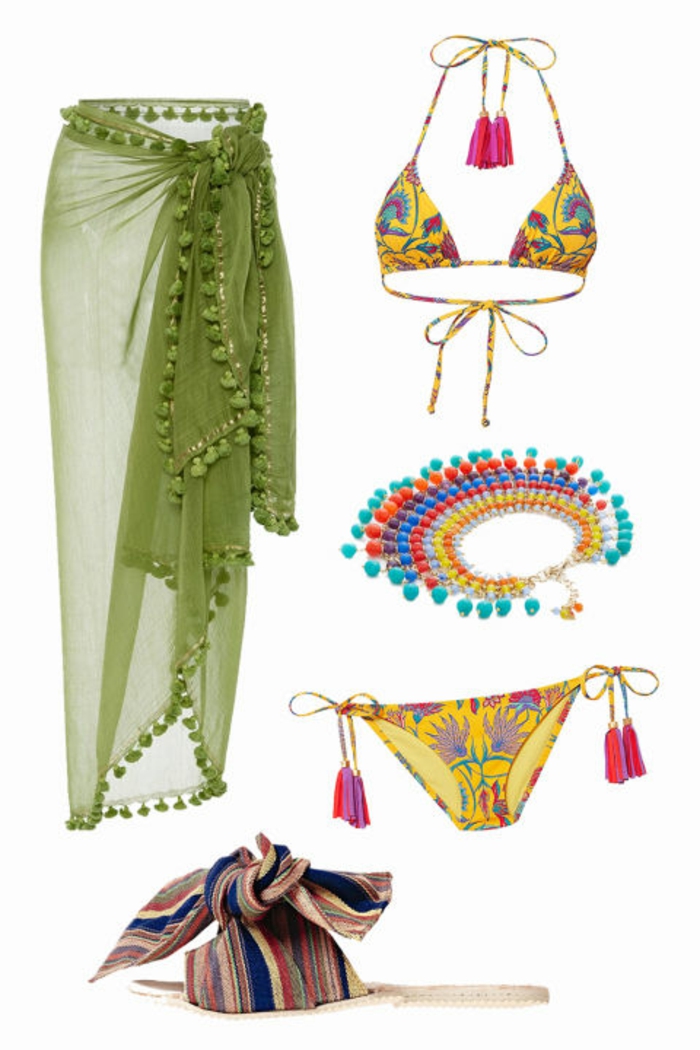 Conjunto de playa para 2023, pareo verde con borlas, bikini amarillo con motivos florales, collar de perlas de colores, zapatos abiertos de tela