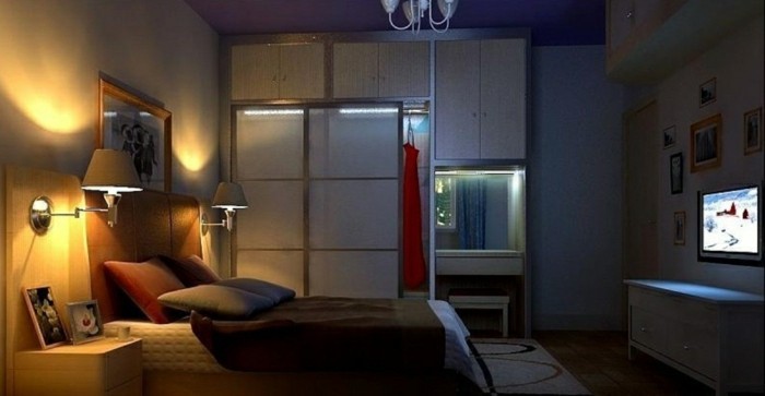 3d legbelső modern hálószoba-light-at-a-tükör-tükör fény-spiegelmitminiledlicht