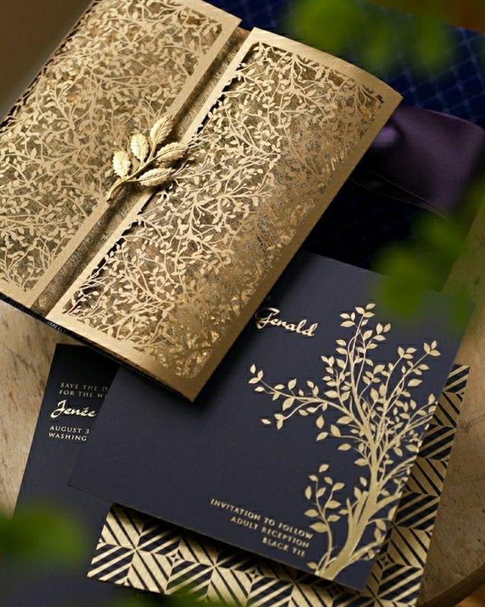 élégant invitations de mariage et décoration feuille d'or exquise de luxe