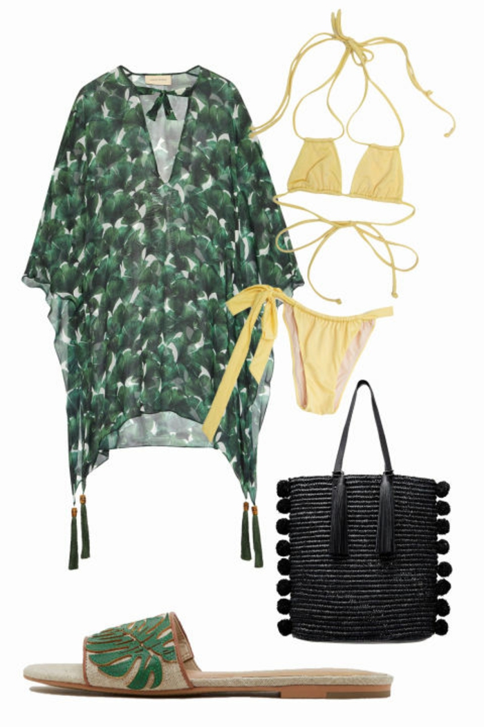 Conjunto de playa para Brasil, túnica verde con estampado, zapatos de verano con motivos de hojas, bolso trenzado negro con borlas, bikini amarillo