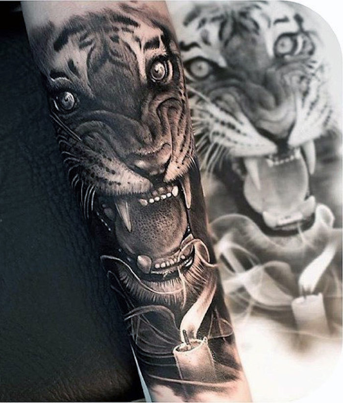 Tatouage tête de tigre, dessin noir et blanc, bougie