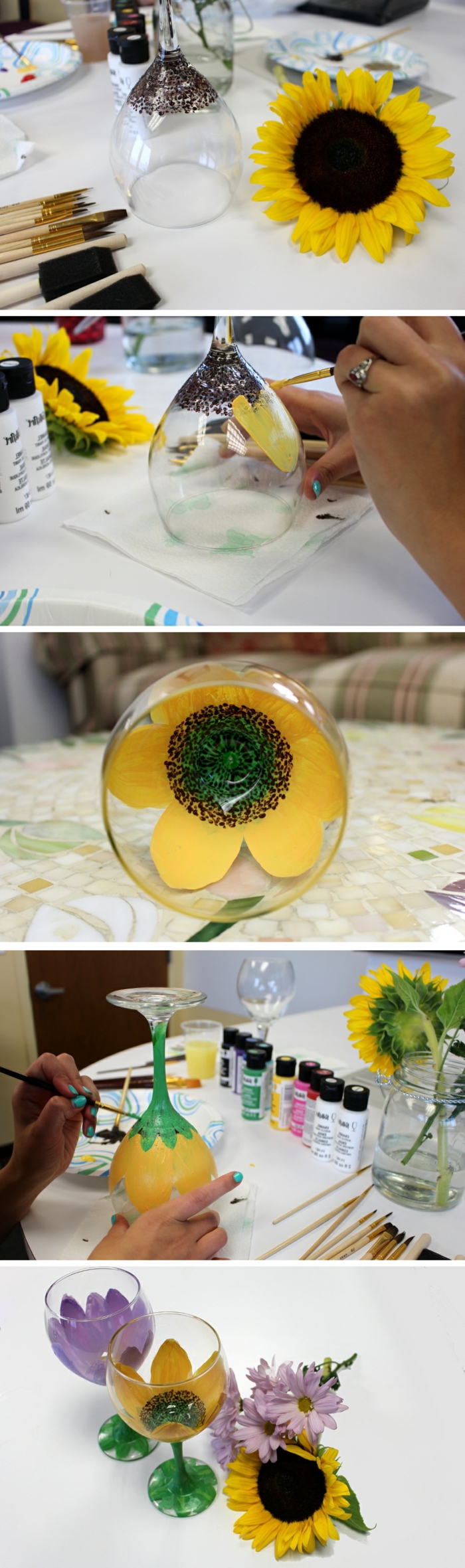 酒杯装饰，向日葵，黄色的花，油漆，刷子，眼镜装饰