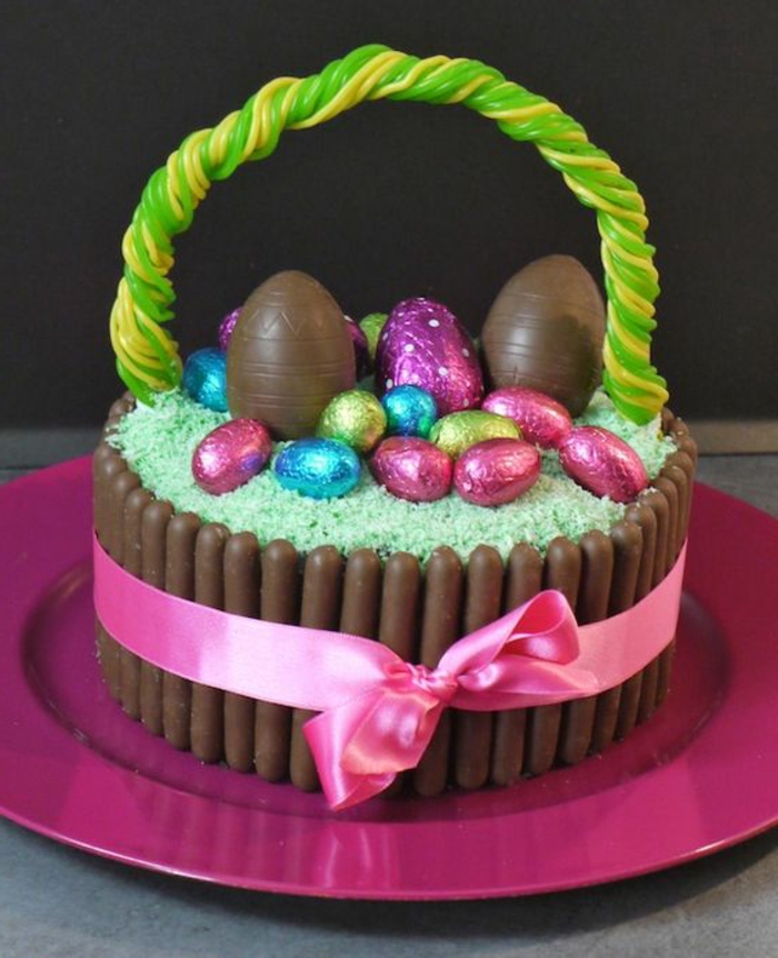 复活节节日期间的复活节篮子让自己用巧克力蛋装饰