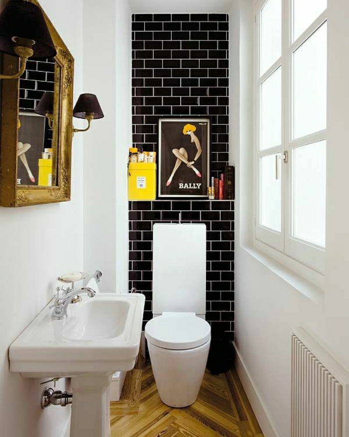 أفكار تزيين الحمام جدارية الطوب الأسود جدار الإطار الأصفر