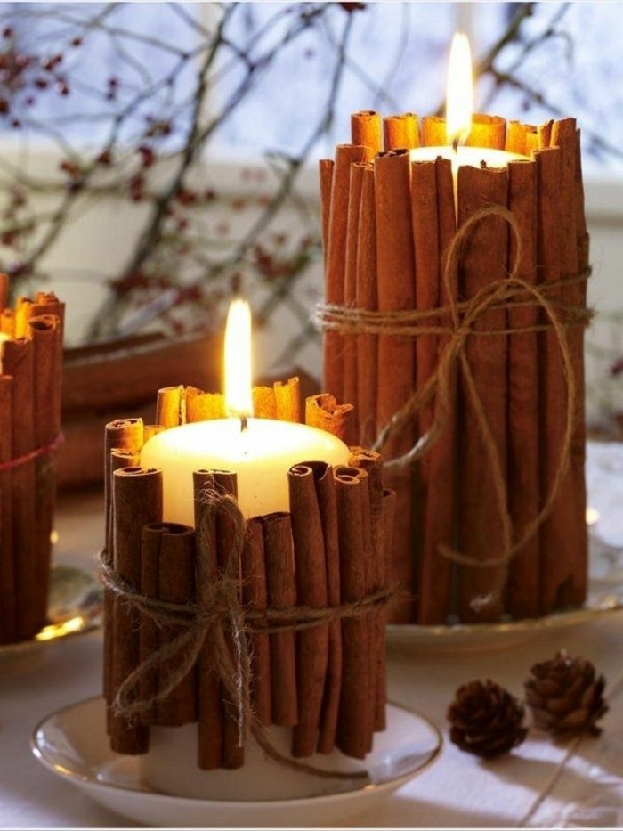 从肉桂线蜡烛锥圣诞装饰DIY理念烛台