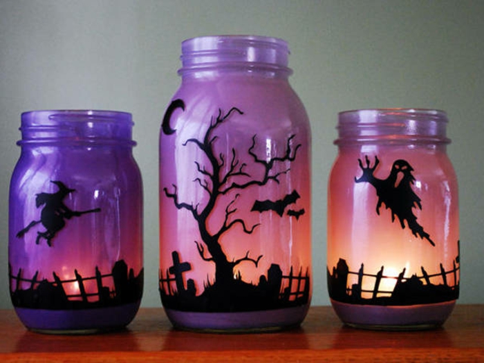 violetti mason jar koristelu Halloween, hautausmaa hirviöitä