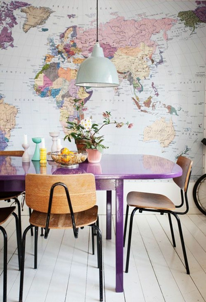 Ruokailu-violetti-table-värikäs-tapetti World Map Pattern alkuperäistä ajatusta
