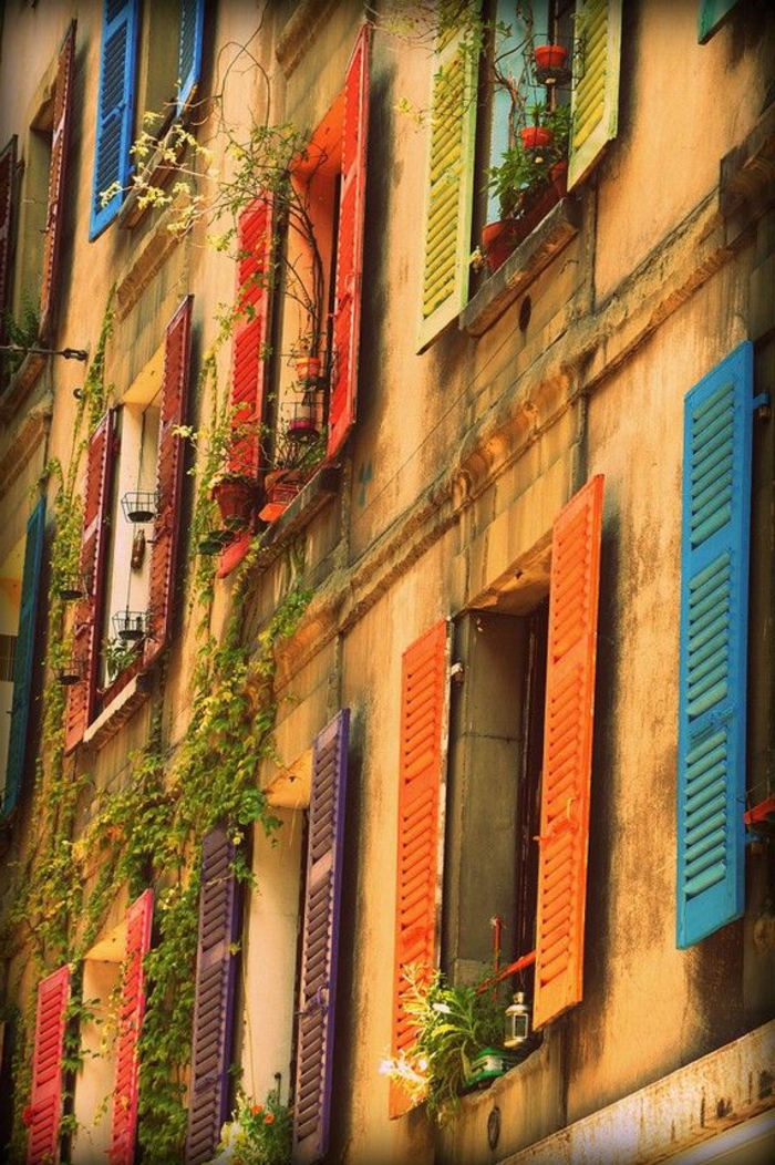 Bâtiment France Province fenêtre boutiques colorées Fleurs
