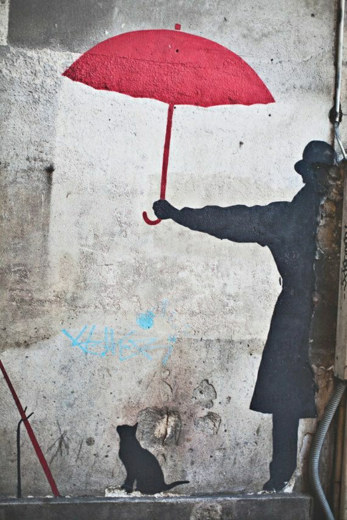 Graffiti Képek épület falra férfi piros esernyő Cat