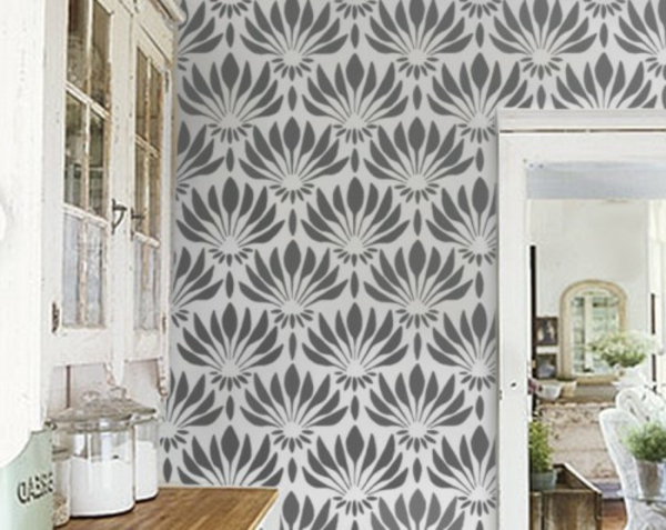 新艺术风格 - 装饰品 - 花卉作为壁纸在厨房里的灰色和白色
