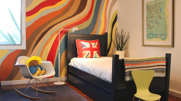 युवा बेडरूम सुंदर डेको विचारों दिलचस्प दीवार सजावट रंगीन लहरों