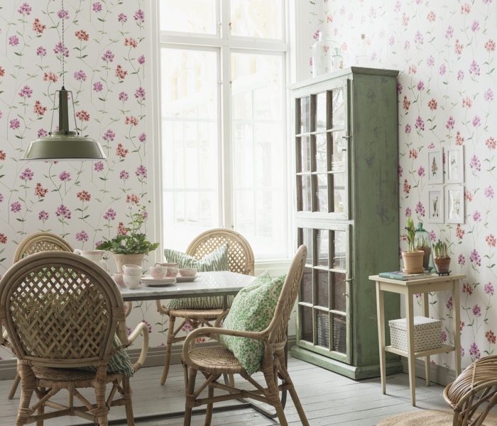 厨房，饭厅，美丽的，活的墙纸，浪漫的图案花卉图案