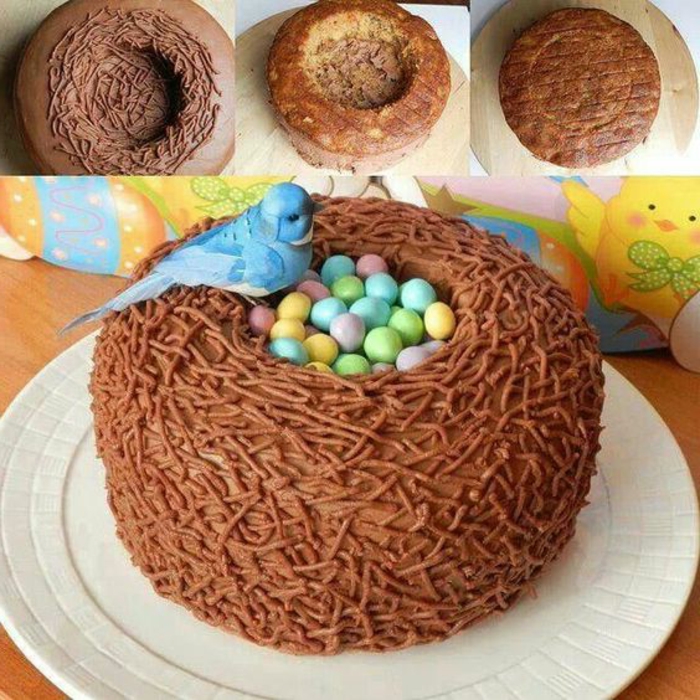 由巧克力片制成的复活节蛋糕由软糖制成