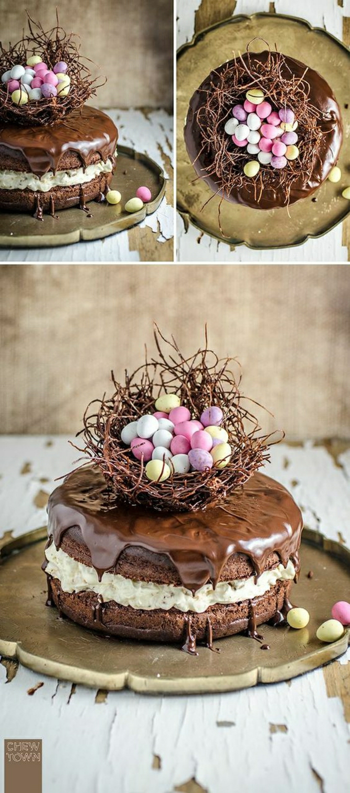 עוגת שוקולד עם פסחא מניע סל פסחא עם ביצים צבעוניות קטנות