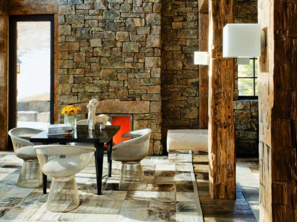mur en pierre naturelle dans le salon-environnement traditionnel