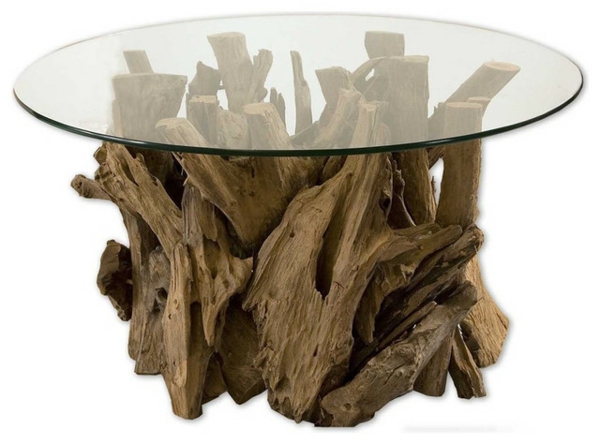 कांच Wohnidee साथ मूल Driftwood तालिका