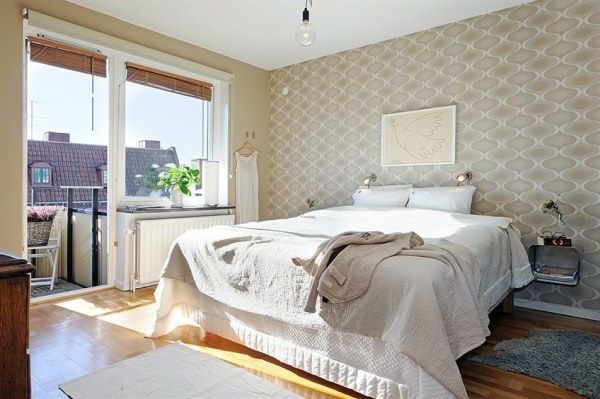 卧室设计，在斯堪的纳维亚风格的双流行的带片图像mitVogel-DES-Friedesns上墙式