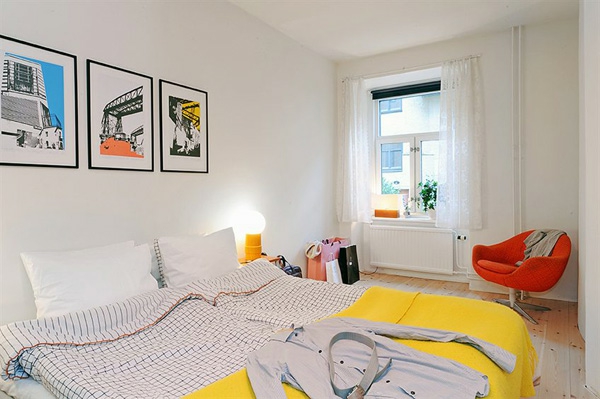 卧室设计，在斯堪的纳维亚风格的黄色口音，在室