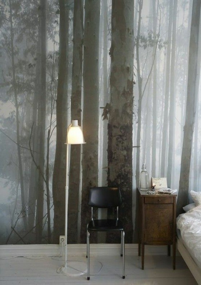 غرفة نوم مثيرة للاهتمام تصميم خلفية الطبيعة غابة الأشجار