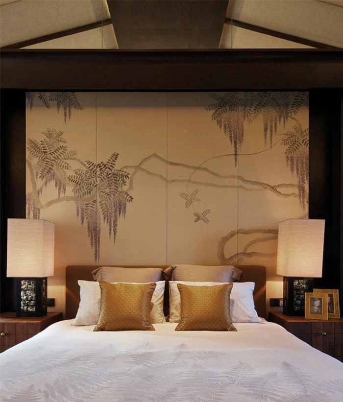 Makuuhuone-kaunis-tapetti-suunnittelu-Aasian kuviot