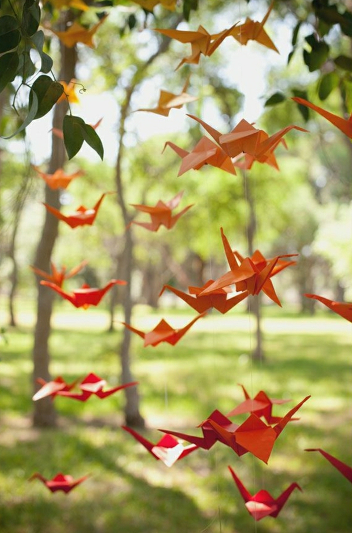 Arbres forestiers grues origami Pendentif déco rouge-orange
