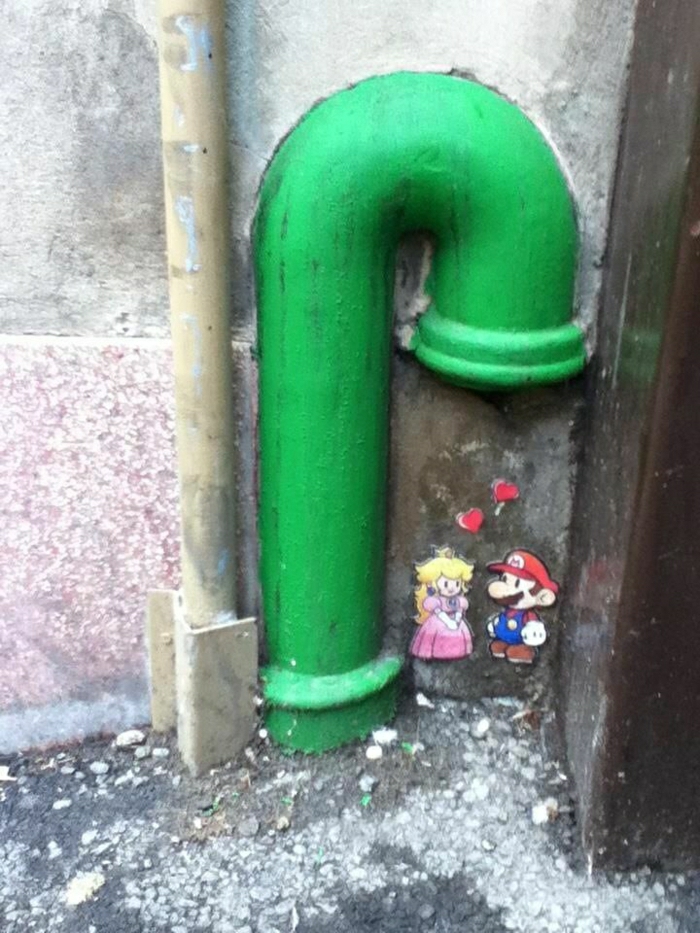 La pared de graffiti-verde-tubo de Super Mario de la princesa