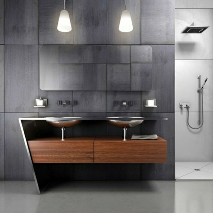 洗脸盆柜木材灰色墙设计