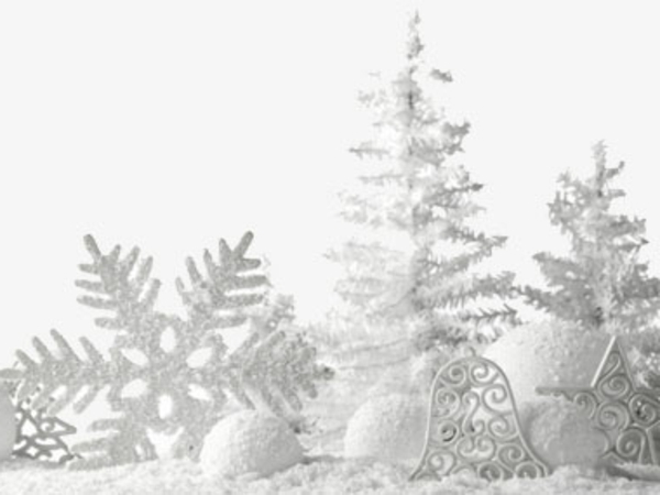 לבן קישוט של חג המולד - פתיתי שלג ליד עצי אשוח