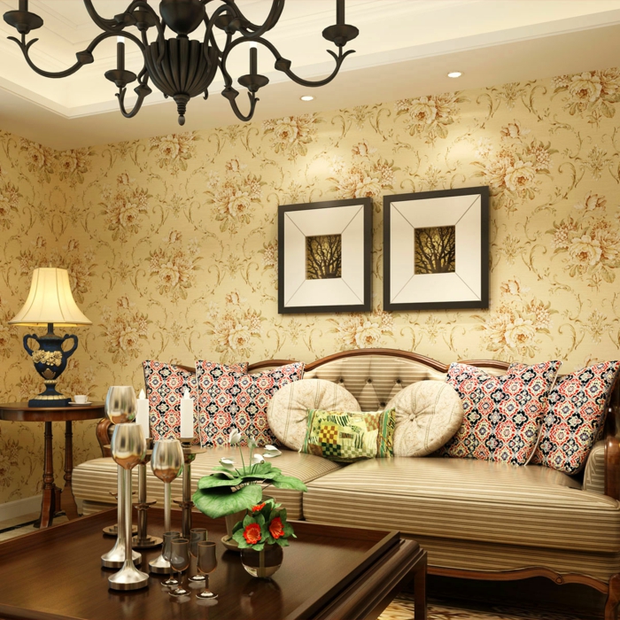 客厅，舒适的内饰复古墙纸壁画家具精细化设计
