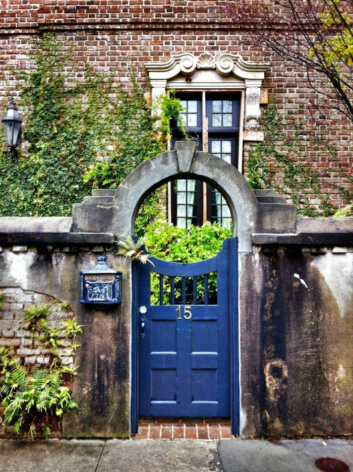 Тухлена къща Ограда Stone синьо-стар номер на предната врата Post Box Green