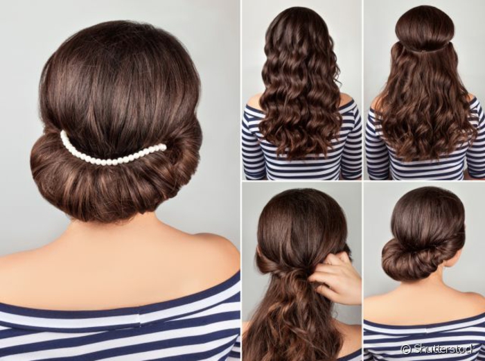 Hairstyles για ειδικές περιπτώσεις, γυναίκα με κυματιστά σκούρα μαλλιά σε updo με μαργαριτάρι κοσμήματα