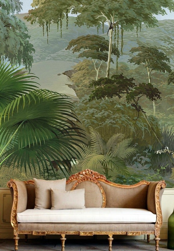 贵族沙发，彩色的壁纸自然棕榈花式壁纸