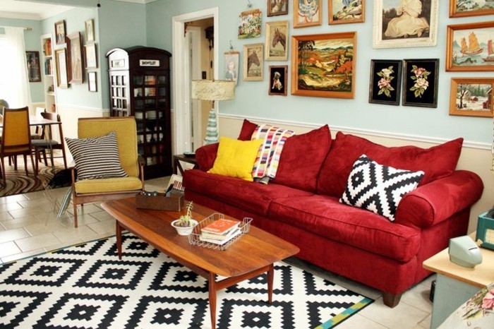 פארלור הדיאגרמה ארטיס ציורי-גרפי יפה ספה אדומה כריות שטיחים