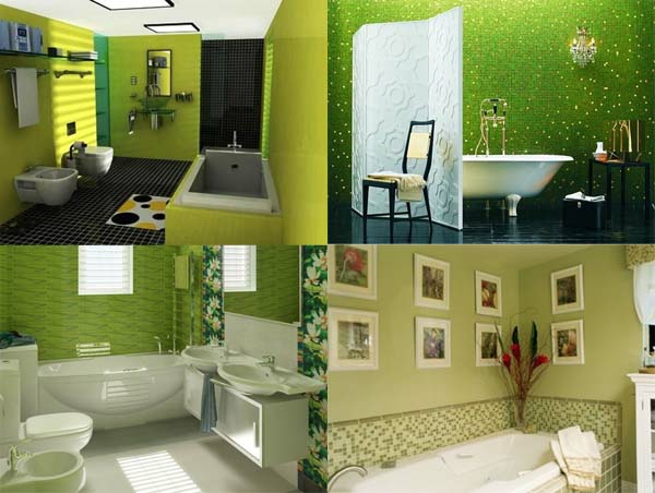 浴室设计 - 绿墙漆 - 四张照片