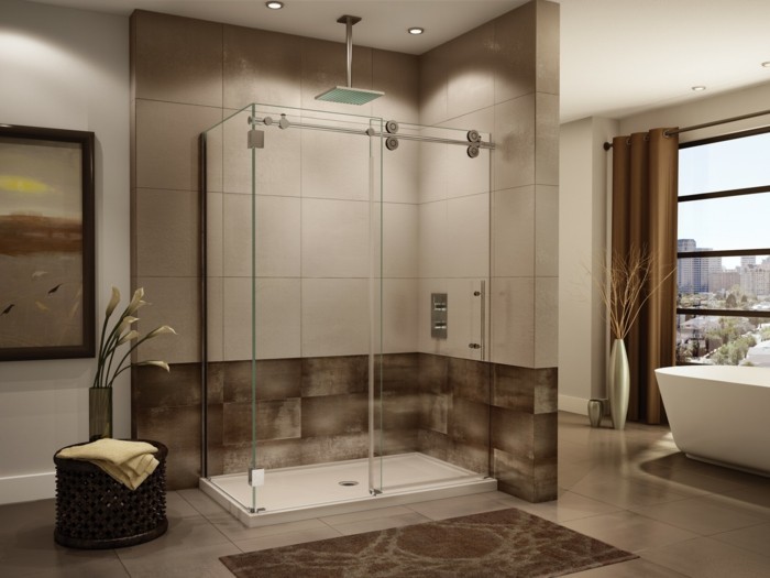 fürdőszoba-in-világosbarna-with-alakú zuhanykabint-of-üveg-cserép-virág-ablak-szövet